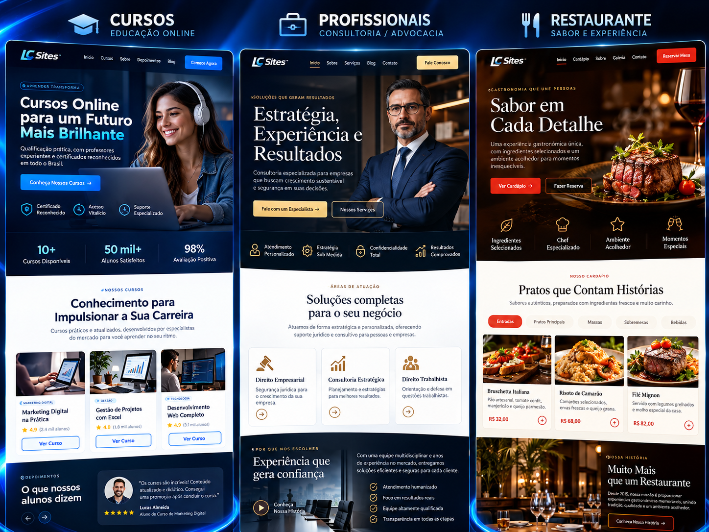 Modelos para cursos, profissionais e restaurantes